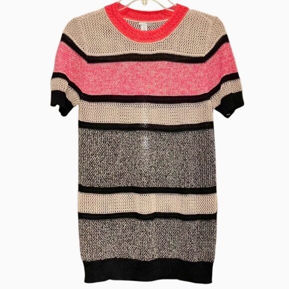 Halogen Striped Crochet Short Sleeve Sweater in Pink/Tan/Black Women’s S - Picture 1 of 5